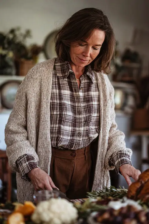 A woman over 50 in a plaid button-up shirt layered under a beige cardigan, paired with brown trousers and loafers, setting the Thanksgiving table at home 