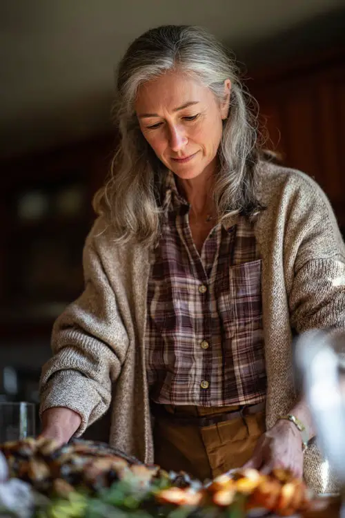 A woman over 50 in a plaid button-up shirt layered under a beige cardigan, paired with brown trousers and loafers, setting the Thanksgiving table at home