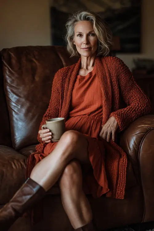A woman over 50 in a rust-colored knit dress with a long cardigan and heeled boots, holding a mug of hot cider in a warmly lit living room