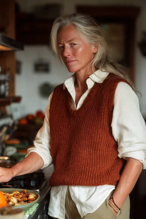 A woman over 50 in a rust knit vest layered over a white shirt and khaki pants, standing by the kitchen counter preparing Thanksgiving food 
