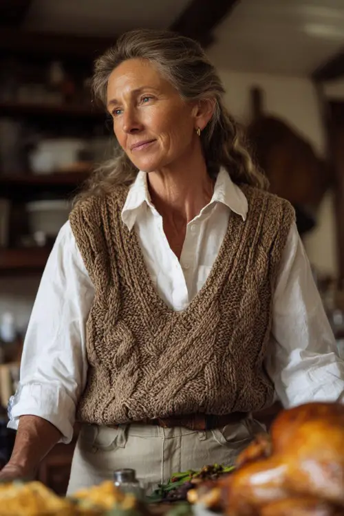A woman over 50 in a rust knit vest layered over a white shirt and khaki pants, standing by the kitchen counter preparing Thanksgiving food