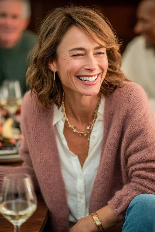 A woman over 50 in a soft mauve cardigan over a white blouse and jeans, accessorized with a gold necklace, laughing with family at a Thanksgiving dinner table