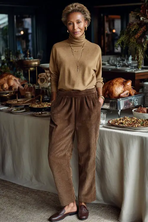 A woman over 50 in a tan turtleneck tucked into corduroy trousers with loafers and delicate jewelry, standing near a Thanksgiving buffet setup 