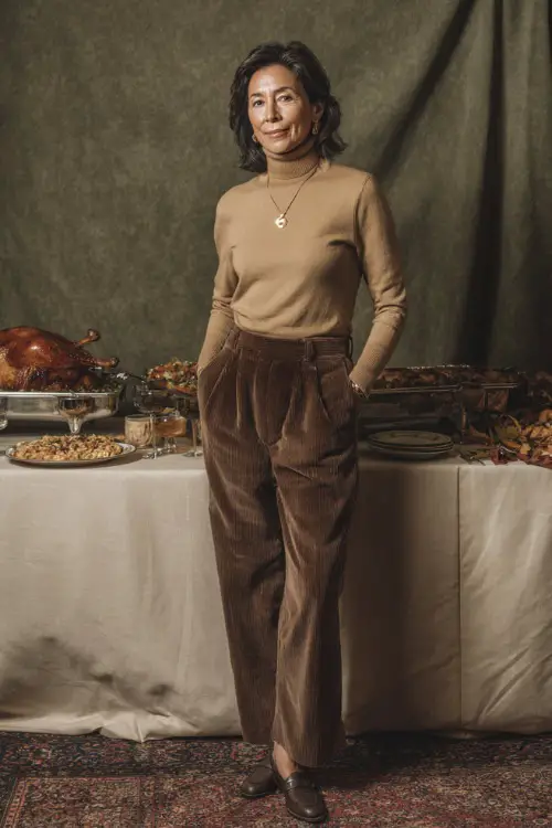 A woman over 50 in a tan turtleneck tucked into corduroy trousers with loafers and delicate jewelry, standing near a Thanksgiving buffet setup 