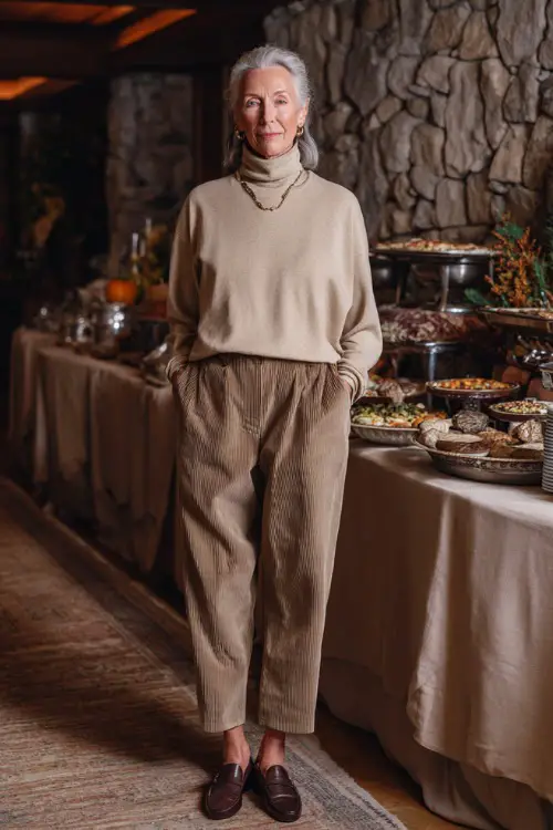 A woman over 50 in a tan turtleneck tucked into corduroy trousers with loafers and delicate jewelry, standing near a Thanksgiving buffet setup