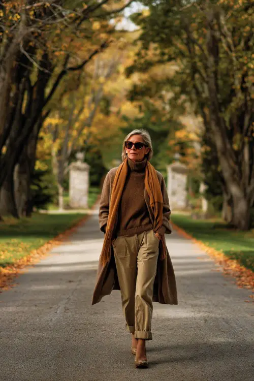 A woman over 50 in a turtleneck and tailored jeans layered with a camel coat, walking down a tree-lined street filled with autumn leaves 