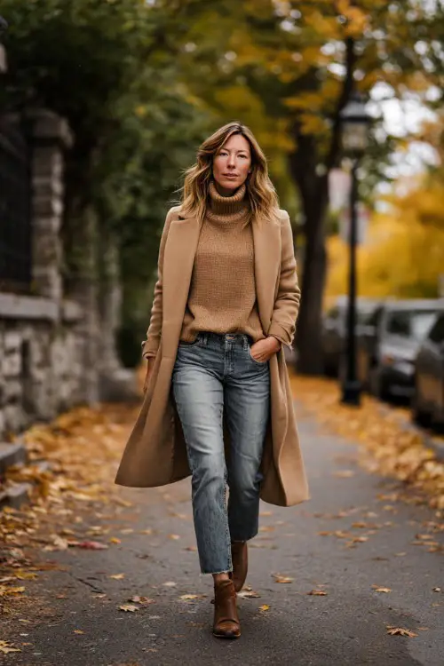 A woman over 50 in a turtleneck and tailored jeans layered with a camel coat, walking down a tree-lined street filled with autumn leaves 
