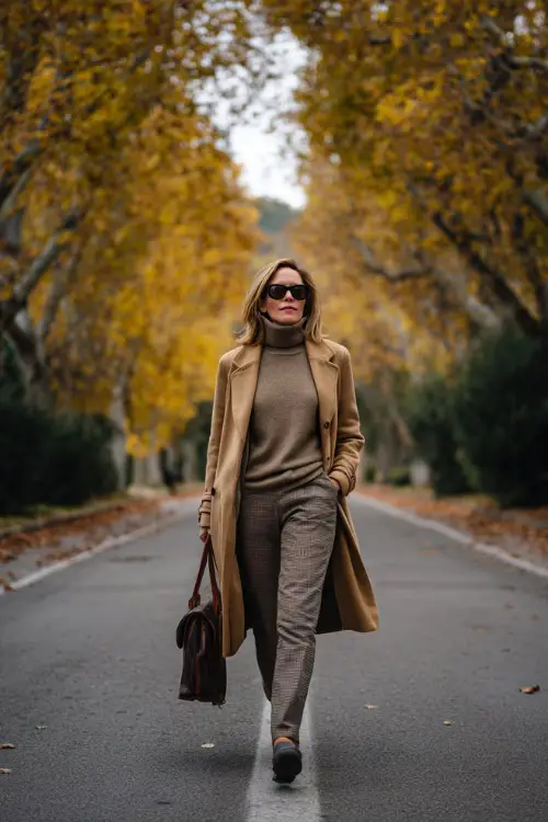 A woman over 50 in a turtleneck and tailored jeans layered with a camel coat, walking down a tree-lined street filled with autumn leaves
