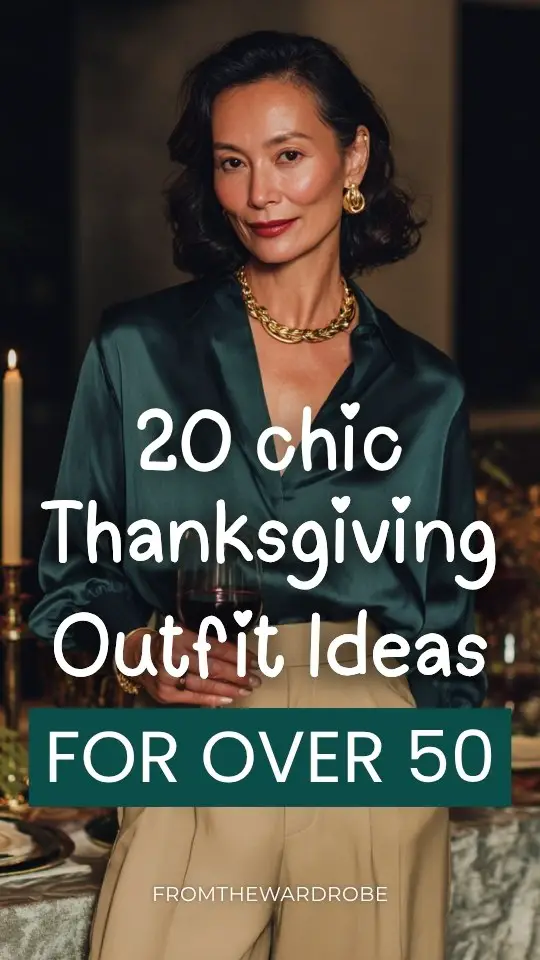 A woman over 50 wears a Thanksgiving outfit with a dark green satin blouse paired with wide-leg beige trousers and gold jewelry