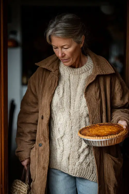 A woman over 50 wears a beige knit sweater layered with a tailored coat and straight jeans, carrying a pumpkin pie while entering a warmly lit home 
