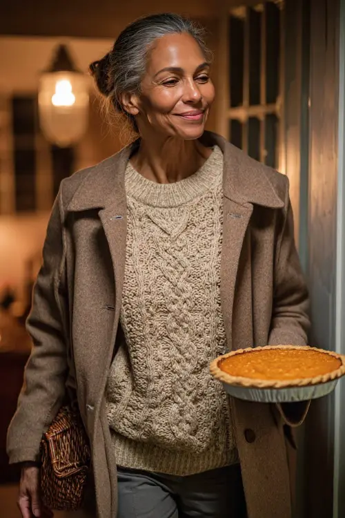 A woman over 50 wears a beige knit sweater layered with a tailored coat and straight jeans, carrying a pumpkin pie while entering a warmly lit home