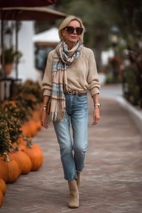 A woman over 50 wears a beige sweater with a plaid scarf, slim-fit jeans, and ankle boots, walking down a sidewalk lined with pumpkins 