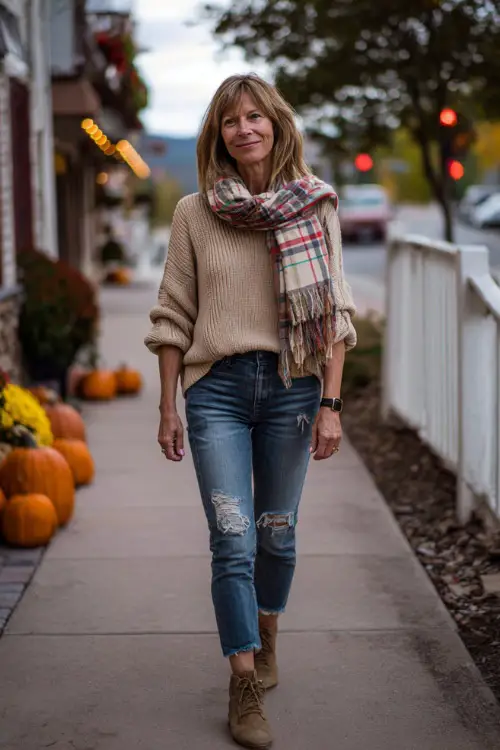 A woman over 50 wears a beige sweater with a plaid scarf, slim-fit jeans, and ankle boots, walking down a sidewalk lined with pumpkins