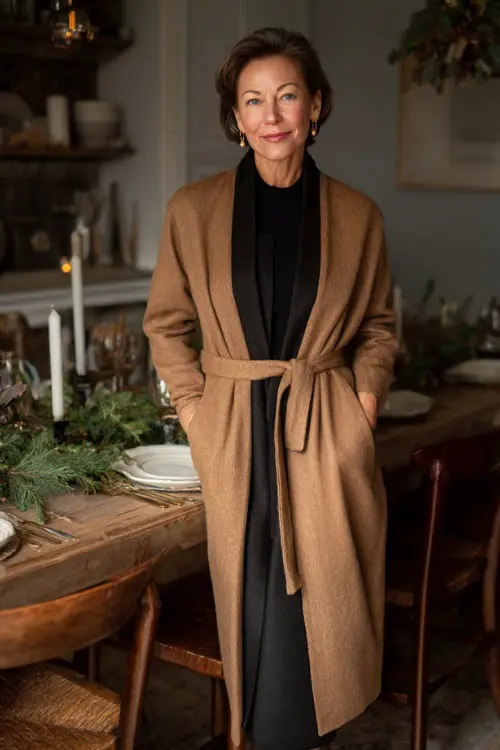 A woman over 50 wears a belted camel dress coat over a black inner knit set, pearl studs, leather heels, full body framing in a softly styled Christmas dinner table setting at home