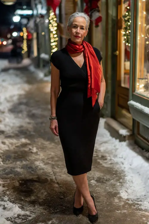 A woman over 50 wears a classic black knit dress, satin red scarf, low heeled pumps, standing full body on a snowy city sidewalk at night with soft Christmas store-window lights behind 