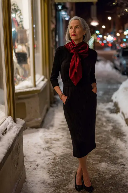 A woman over 50 wears a classic black knit dress, satin red scarf, low heeled pumps, standing full body on a snowy city sidewalk at night with soft Christmas store-window lights behind