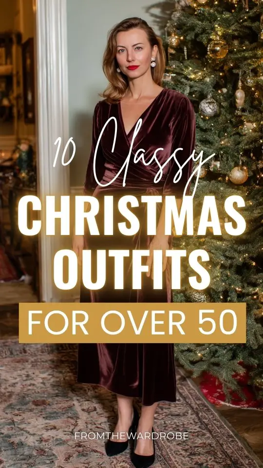 A woman over 50 wears a classy Christmas outfit with a long burgundy velvet wrap dress, pearl earrings, closed-toe black heels