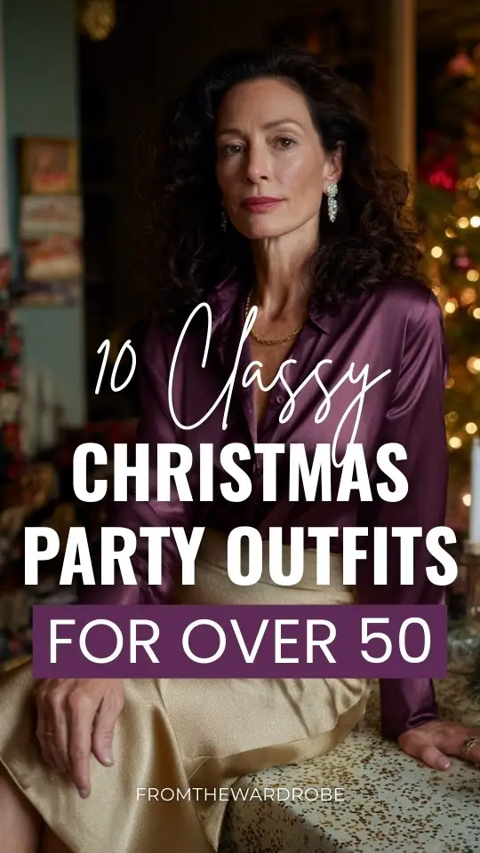 A woman over 50 wears a classy Christmas party outfit with a plum silk blouse tucked into a gold shimmer midi skirt, crystal earrings, leather heels