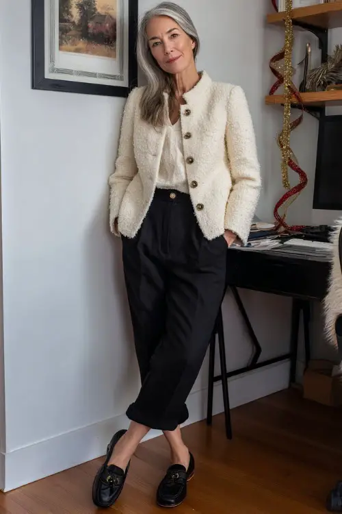 A woman over 50 wears a cream boucle jacket, black tailored pants, leather loafers with a heel, full body view in a chic home office photoshoot corner with minimalist Christmas ribbon props
