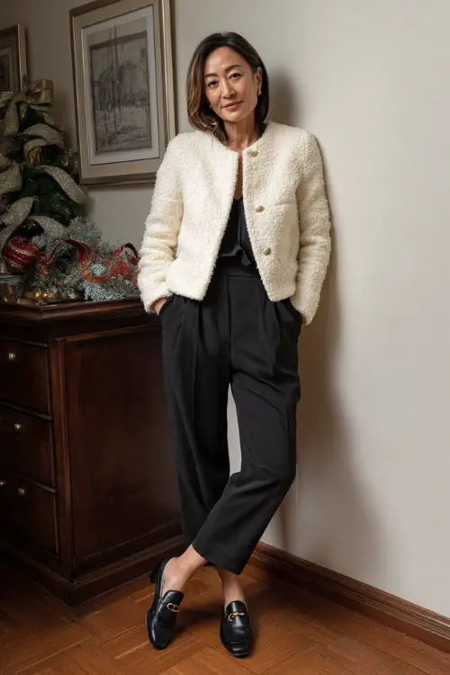 A woman over 50 wears a cream boucle jacket, black tailored pants, leather loafers with a heel, full body view in a chic home office photoshoot corner with minimalist Christmas ribbon props