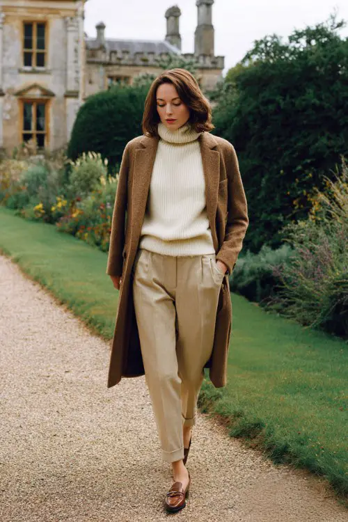 A woman over 50 wears a cream cashmere turtleneck tucked into tailored beige trousers, paired with classic loafers and a structured camel coat
