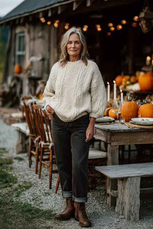 A woman over 50 wears a cream knit sweater with dark straight-leg jeans and ankle boots, standing outdoors near a rustic Thanksgiving table decorated with pumpkins 