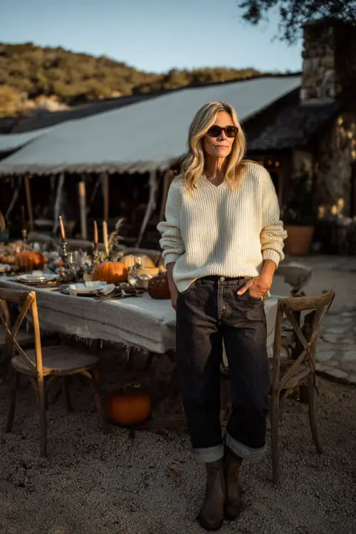 A woman over 50 wears a cream knit sweater with dark straight-leg jeans and ankle boots, standing outdoors near a rustic Thanksgiving table decorated with pumpkins 