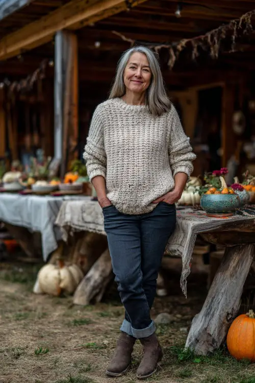 A woman over 50 wears a cream knit sweater with dark straight-leg jeans and ankle boots, standing outdoors near a rustic Thanksgiving table decorated with pumpkins