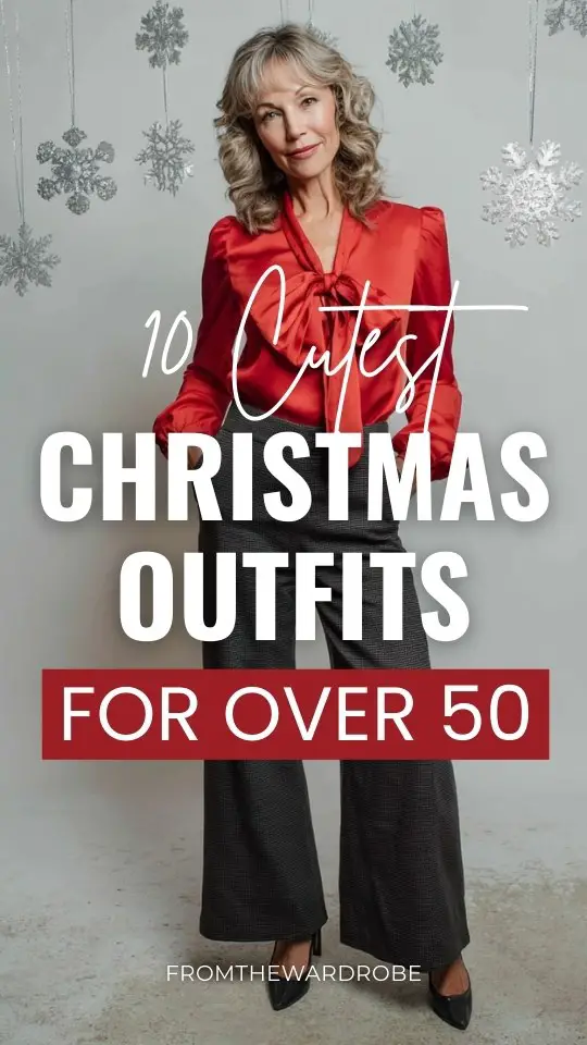 A woman over 50 wears a cute Christmas outfit with a bright red bow-neck blouse, dark wide-leg trousers, low-heel pumps