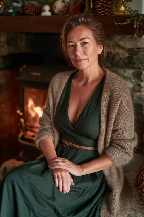 A woman over 50 wears a dark green midi dress with a thin belt and soft cardigan, sitting beside a cozy fireplace with autumn decor 