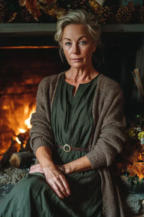A woman over 50 wears a dark green midi dress with a thin belt and soft cardigan, sitting beside a cozy fireplace with autumn decor 