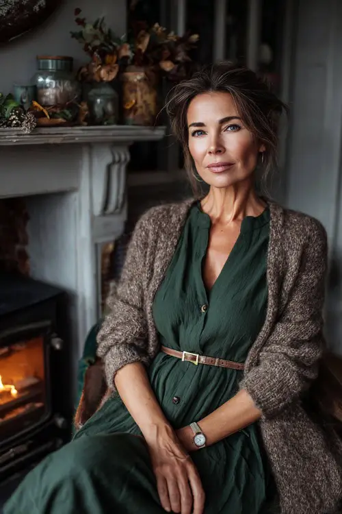 A woman over 50 wears a dark green midi dress with a thin belt and soft cardigan, sitting beside a cozy fireplace with autumn decor