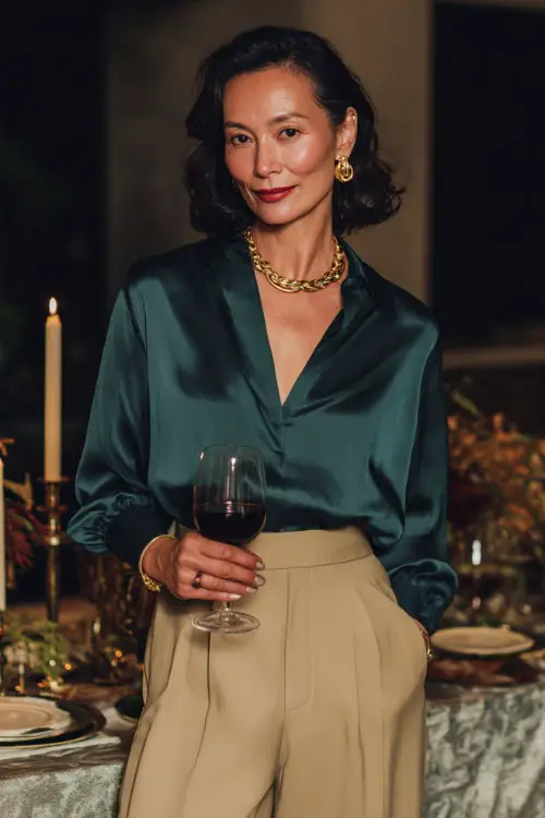 A woman over 50 wears a dark green satin blouse paired with wide-leg beige trousers and gold jewelry, holding a glass of wine near a festive dinner setup 