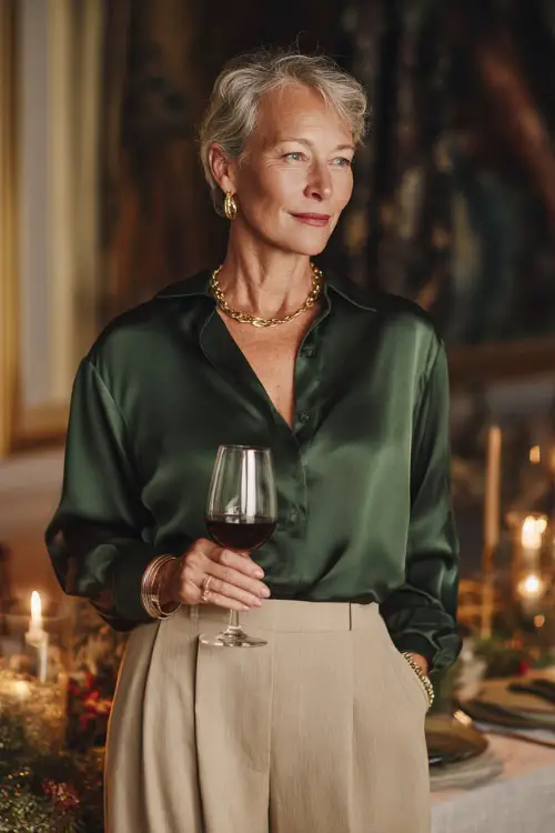 A woman over 50 wears a dark green satin blouse paired with wide-leg beige trousers and gold jewelry, holding a glass of wine near a festive dinner setup