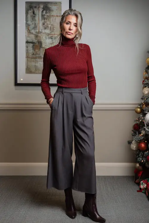 A woman over 50 wears a deep red ribbed knit top, wide charcoal trousers, classic leather boots with a heel, standing full body in a refined meeting room decorated with clean Christmas accents