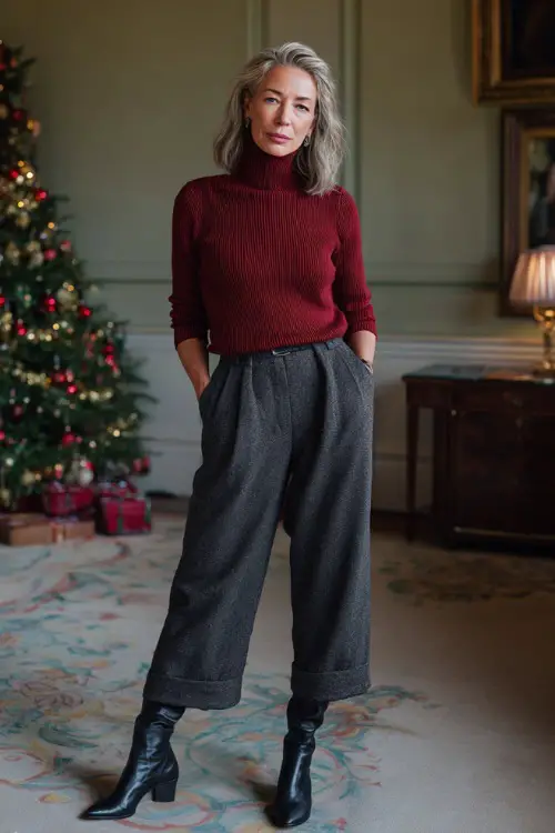 A woman over 50 wears a deep red ribbed knit top, wide charcoal trousers, classic leather boots with a heel
