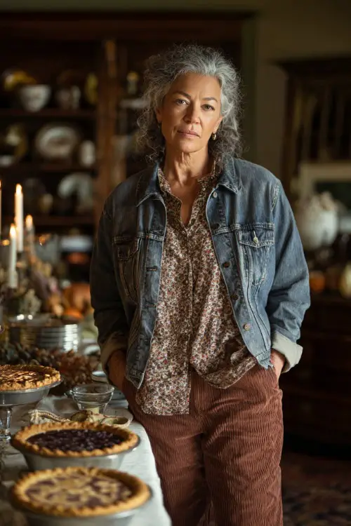A woman over 50 wears a denim jacket over a floral blouse and corduroy pants, standing near a Thanksgiving buffet with pies and candles 