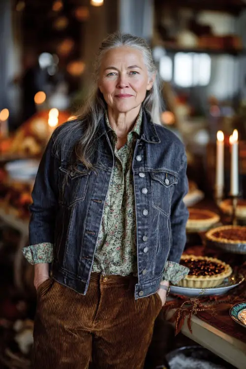 A woman over 50 wears a denim jacket over a floral blouse and corduroy pants, standing near a Thanksgiving buffet with pies and candles