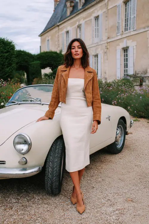 A woman over 50 wears a fitted ivory midi dress with a square neckline, a cropped tan suede jacket, and leather kitten heels