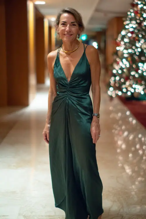 A woman over 50 wears a floor-length forest green satin dress, thin gold necklace, small holiday ring accent, strappy heels, quiet upscale party corridor with a tall Christmas tree and soft shadows
