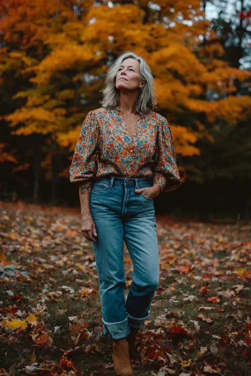 A woman over 50 wears a floral blouse with puff sleeves, high-waisted jeans, and suede boots, standing outdoors surrounded by colorful fall leaves 