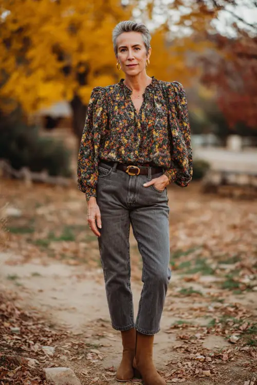 A woman over 50 wears a floral blouse with puff sleeves, high-waisted jeans, and suede boots, standing outdoors surrounded by colorful fall leaves 