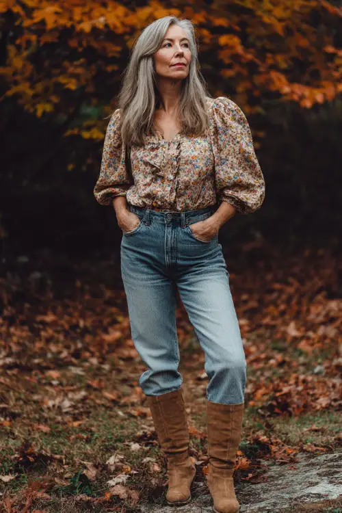A woman over 50 wears a floral blouse with puff sleeves, high-waisted jeans, and suede boots, standing outdoors surrounded by colorful fall leaves