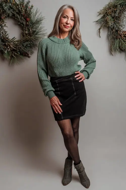 A woman over 50 wears a green ribbed sweater, black skirt, opaque tights, heeled boots, standing full body in a clean-styled photoshoot set decorated with Christmas plants and wreaths 