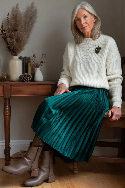A woman over 50 wears a knitted ivory sweater tucked into a playful emerald pleated midi skirt, block-heel boots, small festive brooch on sweater
