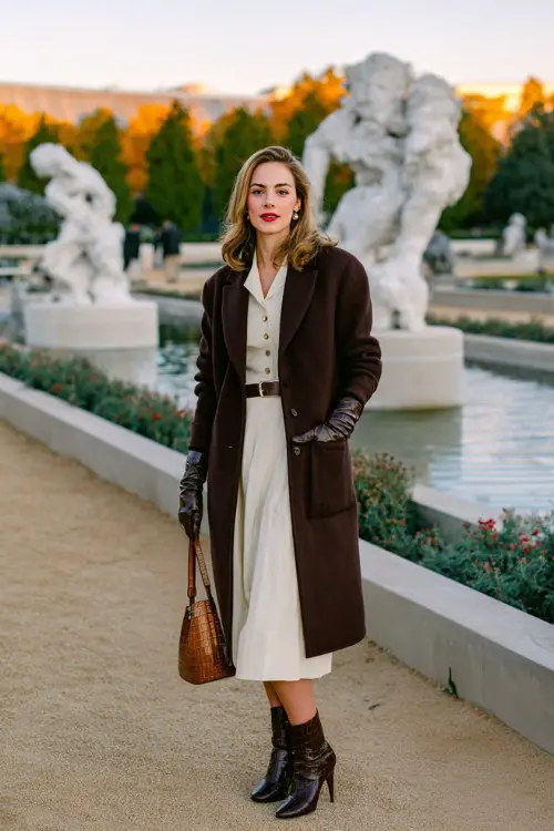 A woman over 50 wears a mocha brown cashmere dress coat over a cream pleated skirt and matching blouse with pearl buttons, styled with croc-embossed leather boots and leather gloves