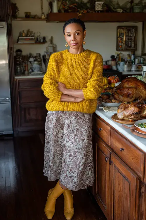 A woman over 50 wears a mustard-yellow knit sweater paired with a printed midi skirt and block-heeled boots, standing by a kitchen island filled with Thanksgiving dishes