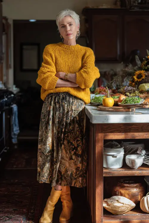 A woman over 50 wears a mustard-yellow knit sweater paired with a printed midi skirt and block-heeled boots, standing by a kitchen island filled with Thanksgiving dishes