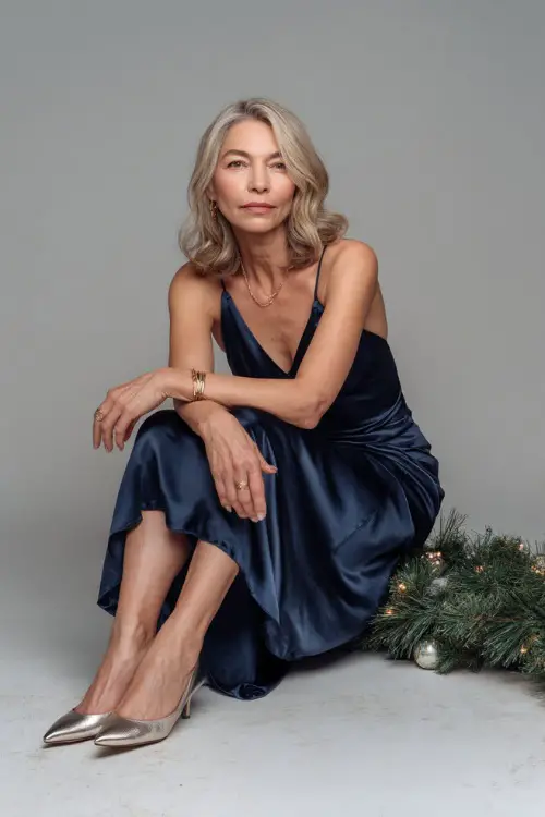 A woman over 50 wears a navy satin midi gown, delicate gold bracelet, metallic pointed heels, full body shot in a minimalist studio with a soft Christmas garland on the floor side