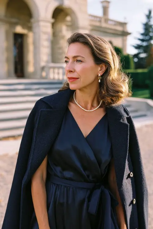 A woman over 50 wears a navy silk midi dress with pearl earrings and soft waves in her hair, layered with a belted wool coat